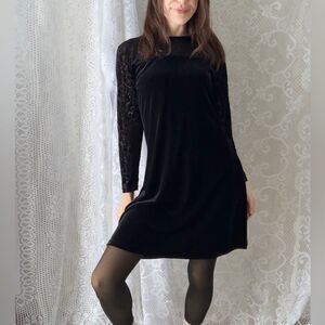 Vintage Black Lace Long Sleeve Dress Velvet Burnout Overlay